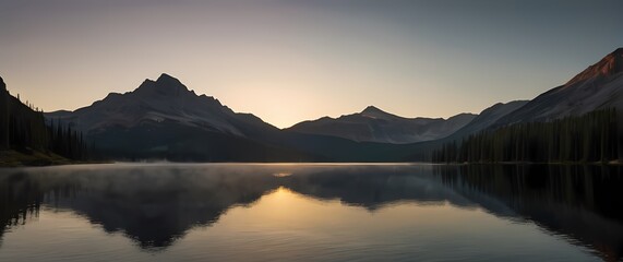 Fototapeta premium An awe inspiring view of a glinting mountain lake at dawn capturing stillness and serenity reflecting the morning sun