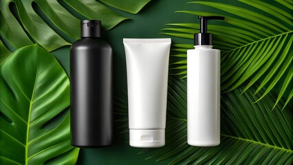 Personal care product collection displayed on green leaves nature-inspired aesthetic close-up