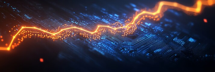 Glowing Orange Financial Chart with Sharp Peaks and Valleys on Futuristic Circuit Board Background