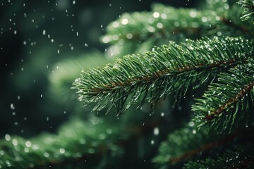 Evergreen branches covered in soft dew with dark green tones
