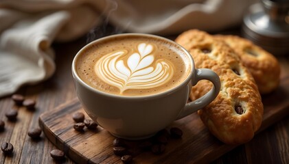 Coffee and Biscotti with Beautiful Latte Art on Wooden Board, A Perfect Morning Treat