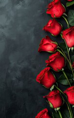 A border of red roses along the top edge, with space for text below. The background is black and dark gray, 