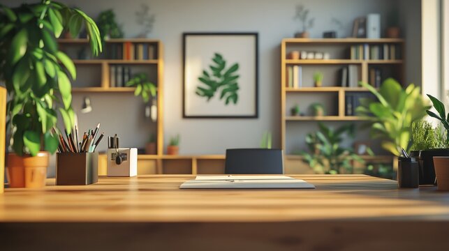 home office, camera view from eye level at desk edge, wooden desk surface 
