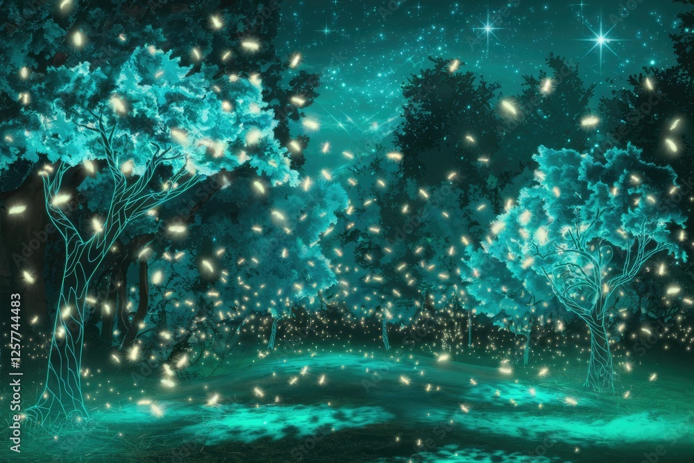 Poster enchanted forest at night, glowing trees and fireflies creating a magical atmosphere.