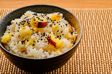 Japanese Sweet Potato and Chestnut Rice on Bamboo Placemat