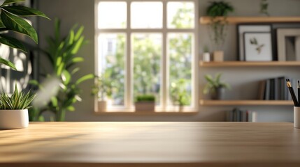 Fototapeta premium home office, camera view from eye level at desk edge, wooden desk surface 