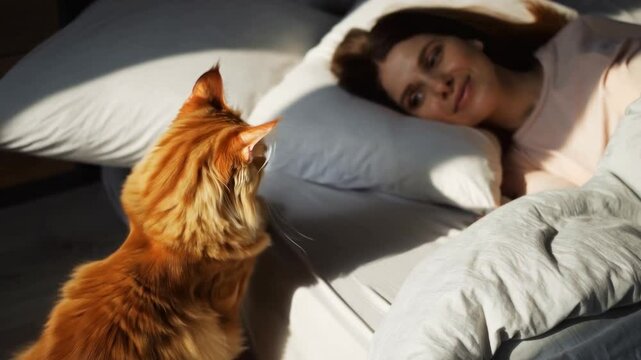 Orange Cat Interacting with a Smiling Woman Resting Peacefully on a Comfortable Bed