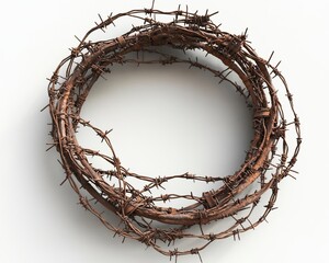 Fototapeta premium Round frame containing sharp barbed wire on a white background