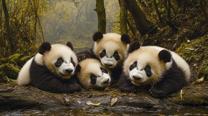 Obraz premium Four adorable giant panda cubs huddle together in a lush bamboo forest.