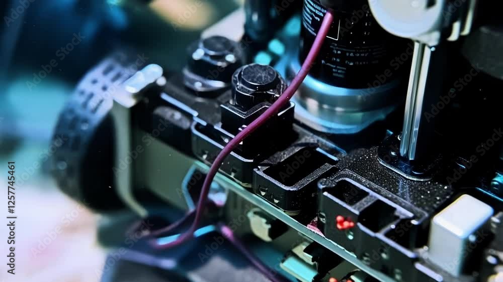 Poster complex machinery with multiple cameras and sensors explores underwater environment, revealing intri