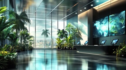 Luxurious Modern Lobby with Tropical Plants and World Map Displays: A Stunning Architectural Design