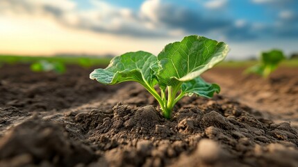Young sugar beet plant developing in a field, close-up, agriculture season