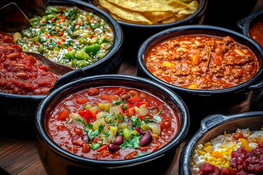 Cook Off. The Restaurant hosts a Chili Competition with a row of Crock Pots and Ladles