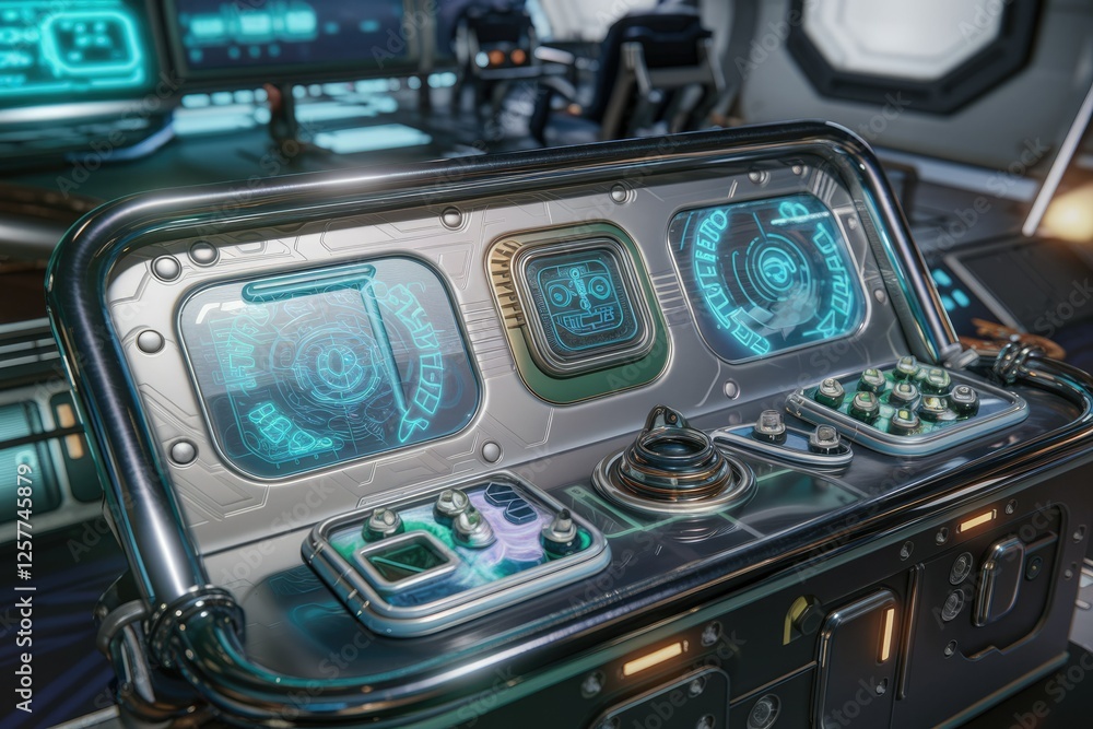 Aufkleber futuristic control panel with glowing holographic displays and various buttons and knobs.