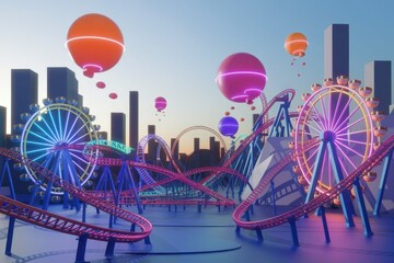 Neon-lit amusement park with rollercoasters, Ferris wheels, and glowing hot air balloons at sunset.
