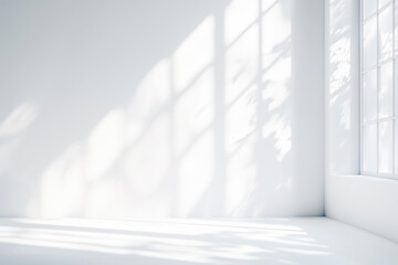 Sunlight light and shadow of window frame and tree leaves on white wall