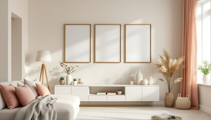 Fototapeta premium Modern living room, minimalist design, sunlight, beige decor, mockup frames
