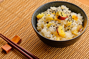 Japanese Sweet Potato and Chestnut Rice on Bamboo Placemat