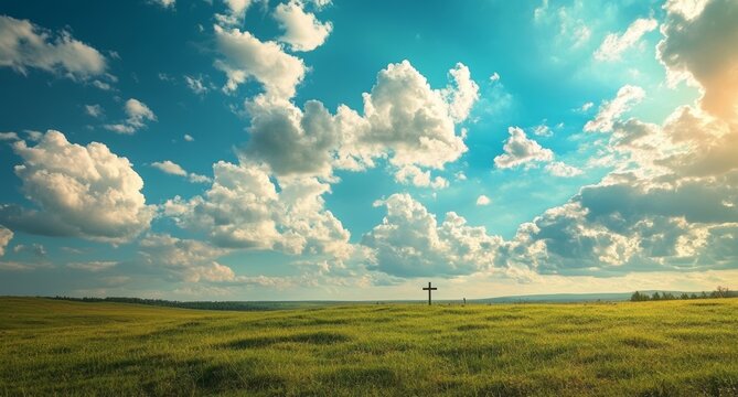 Nature's sunlight accentuates the cross standing on a hill, outdoor faith and religious imagery