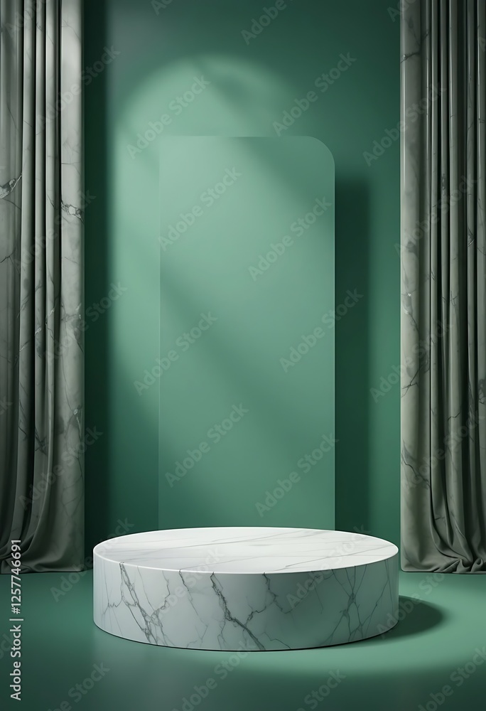 Poster elegant green backdrop with marble platform and curtains for product display