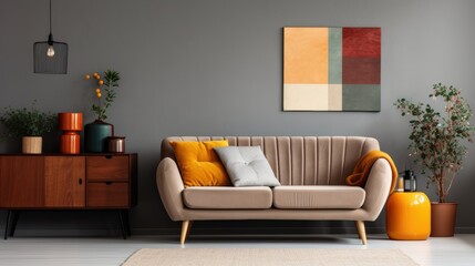 Beautiful Retro Style Living Room with Cozy Sofa, Vibrant Colors, and Artistic Wall Decor in a Modern Interior Space