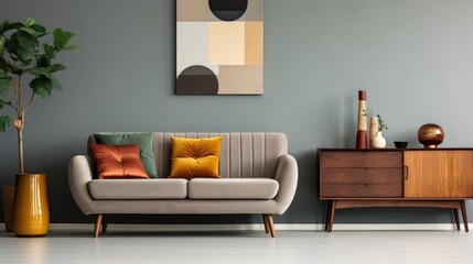 Retro-Inspired Living Room with Stylish Sofa, Artistic Wall Decor, Elegant Furniture, and Vibrant Accessories in Calm Color Palette
