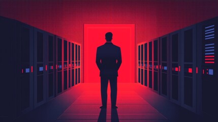 A dark silhouette of a man stands in front of a glowing red doorway, flanked by rows of data servers, evoking themes of technology and mystery.