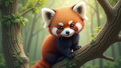 A cute red panda sitting on a tree branch, looking directly at the camera with an adorable expression.
