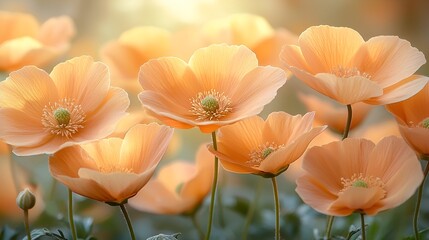 Obraz premium Peachy Poppies in Sunlight; Spring Floral Display; Ideal for greeting cards