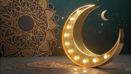 3D Golden Crescent Moon Soft Lights Ramadan