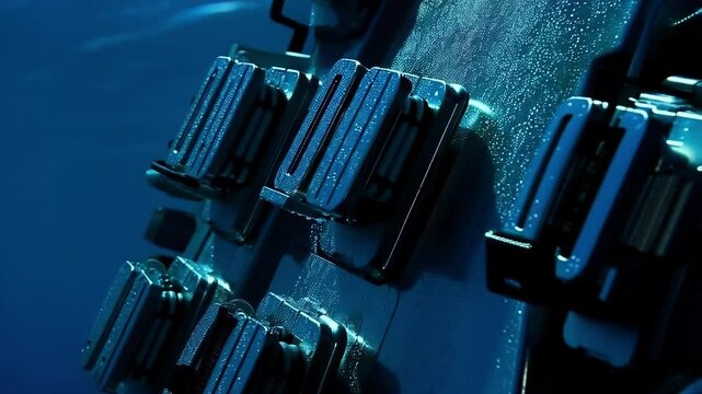 Water droplets are gently sliding down a metallic surface with embossed alphanumeric characters, creating a mesmerizing visual effect against a deep blue backdrop