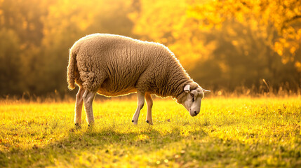 Naklejka premium Single sheep grazing peacefully in a lush green meadow under the golden sunlight, symbolizing tranquility, rural life, and the beauty of nature.