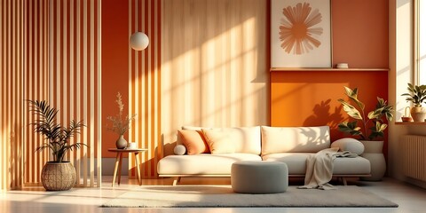 Sunny living room, orange walls, beige sofa, plants. Home decor