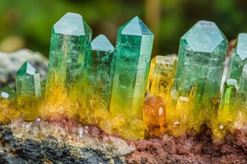 Stacked, bright green kryptonite crystals with a mass of glowing black and green kryptonite