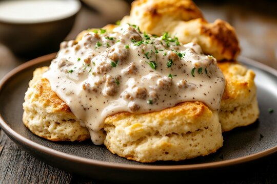 Enjoy a scrumptious breakfast with flaky biscuits, rich gravy, and perfectly cooked sausage, seasoned with a delicious sauce and pepper