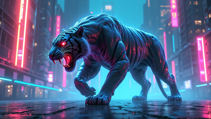 A futuristic neon-lit cityscape featuring a menacing cybernetic tiger with glowing red eyes.