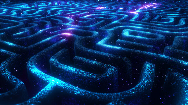 Futuristic glowing maze symbolizing complexity and digital challenges