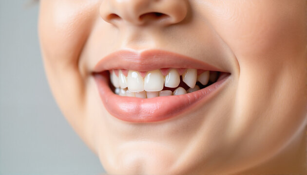 Close-up of smiling woman showcasing healthy teeth on neutral background for dental health blogs, wellness websites, marketing materials, and educational resources
