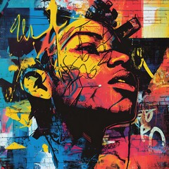 Vibrant street art portrait showcasing a woman's face with abstract, colorful patterns and graffiti elements, conveying urban artistic expression.
