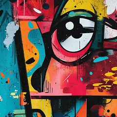 Obraz premium Vibrant abstract mural art featuring bold colors and expressive eye designs, ideal for enhancing creative spaces and modern decor.