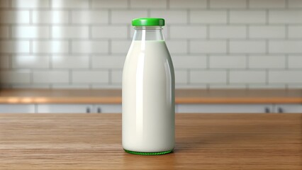 Refreshing glass milk bottle with green cap on wooden table in modern kitchen interior