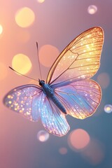 A blue butterfly flying through the air with bubbles in the background