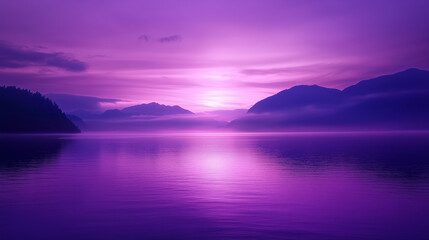 Fototapeta premium Serene purple sunset over a tranquil lake with misty mountain silhouettes for calming backgrounds and peaceful nature designs
