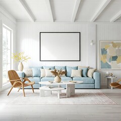 Frame mockup, ISO A paper size. Living room wall poster mockup. Interior mockup with house background. Modern interior design. 3D render