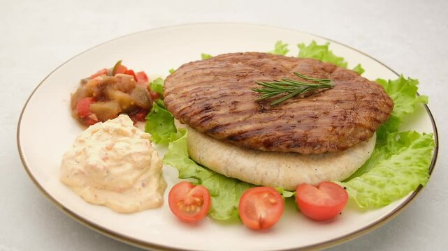 Serbian pljeskavica served with traditional Balkan side dishes. Balkan style burger pljeskavica grilled meat patty decorated with rosemary