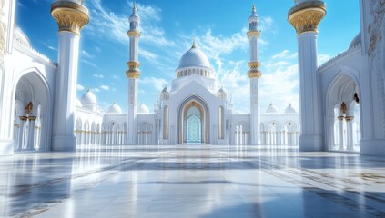Fototapeta premium Majestic White Mosque: Architectural Marvel under a Bright Sky