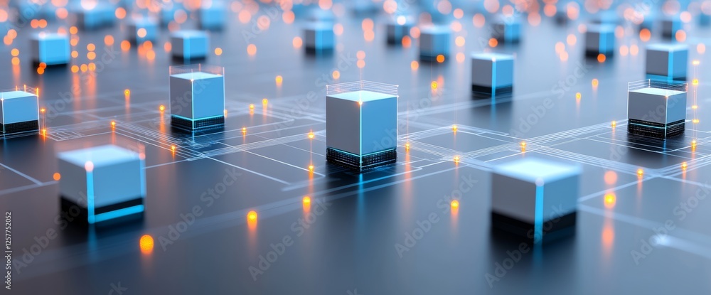 Poster a random pattern grid of 3d colorful cubes with glowing parts is presented on a digital technology b