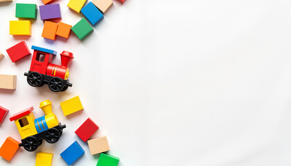 Colorful toy trains and building blocks on a white background for blogs, websites, educational materials, toys and games promotion, children's design, and creative projects