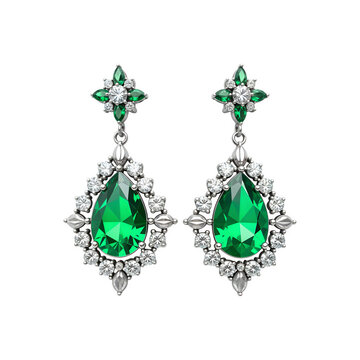 Silver earrings with green diamonds on transparent background. Silver earrings with topaz, emerald ​​png. Jewelry and gemstones