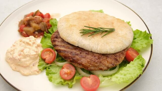 Serbian pljeskavica served with traditional Balkan side dishes. Closeup of Balkan style pljeskavica burger on a plate with Serbian urnebes salad. Camera motion